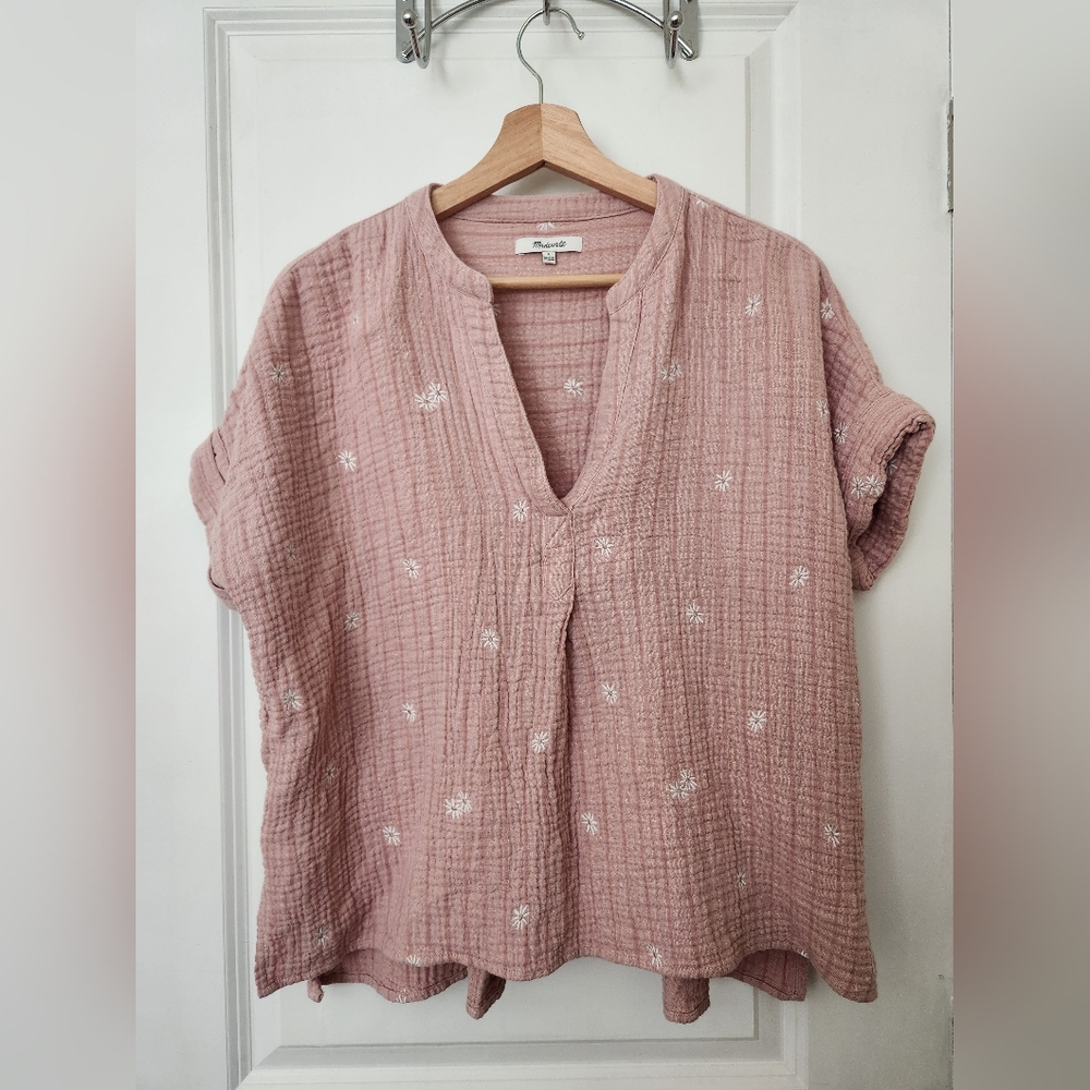 Madewell Womens Blouse S Blush Pink Floral Daisy Embroidered Casual Boho Soft